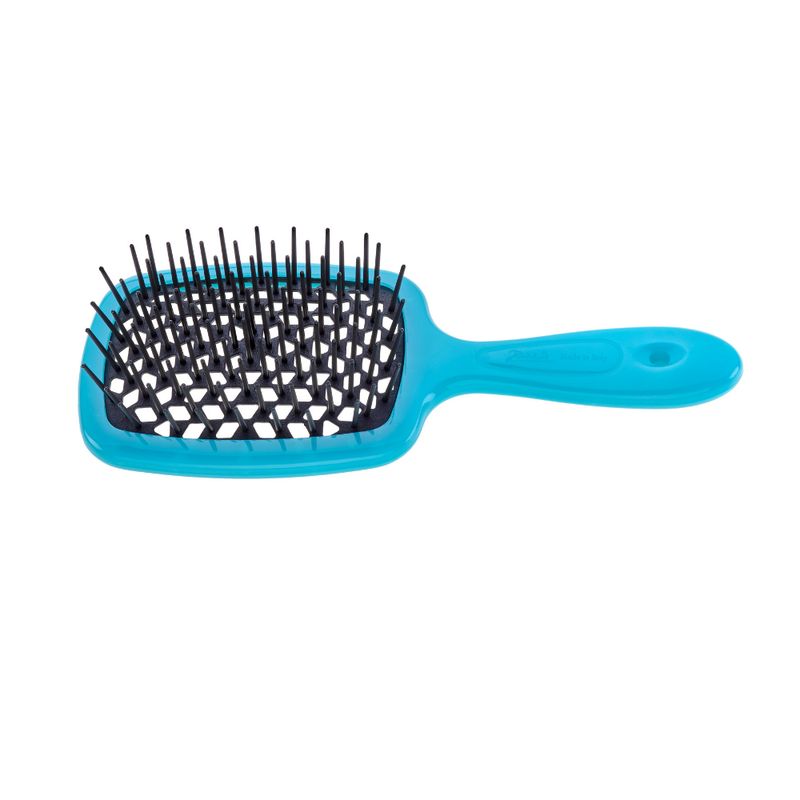 Türkis-schwarze Haarbürste mit Griff. Schwarze Borsten auf türkisfarbenem Rahmen. Griff mit Loch.