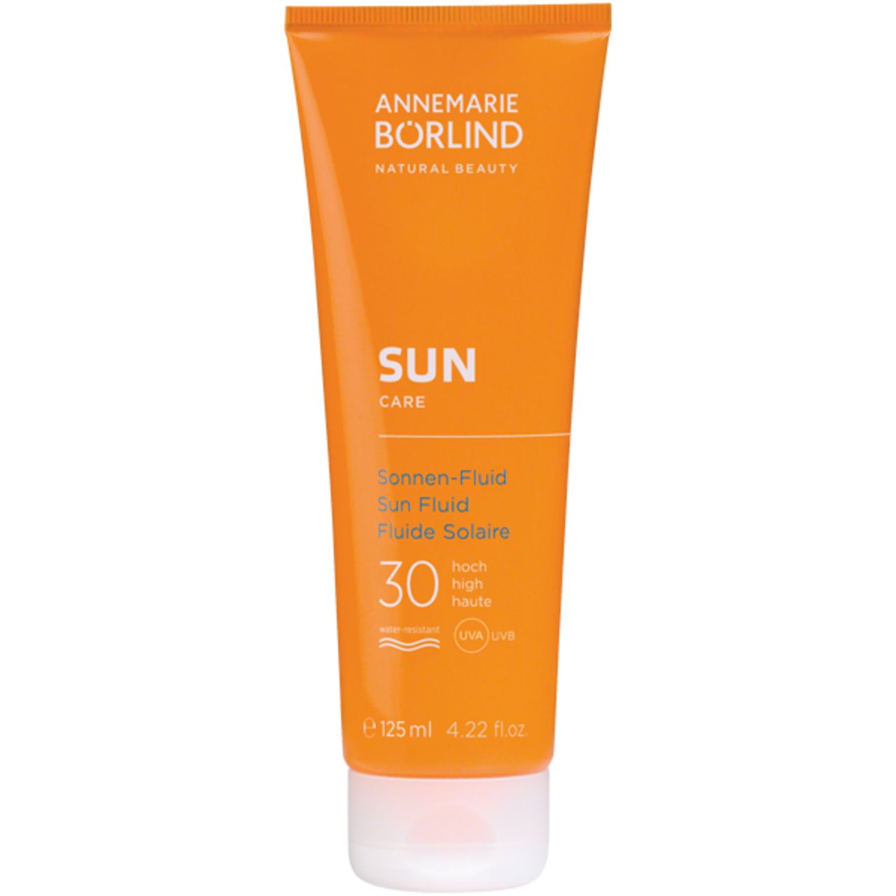 Orange Tube mit weißem Deckel. Text: ANNEMARIE BÖRLIND, SUN CARE, Sonnen-Fluid LSF 30. 125 ml.