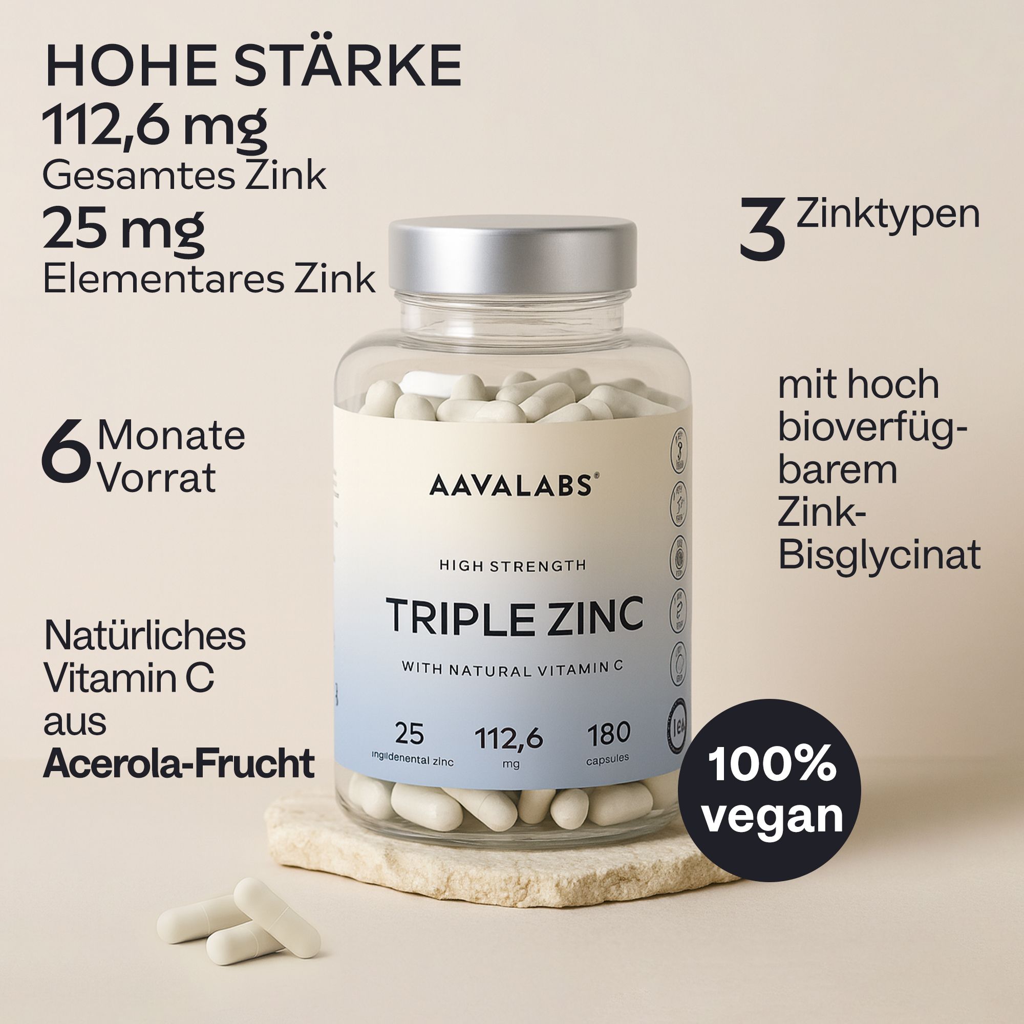 Glasflasche mit Kapseln. Aufschrift: AAVALABS, Triple Zinc, Vitamin C und Zink. 180 Kapseln. 100% vegan.