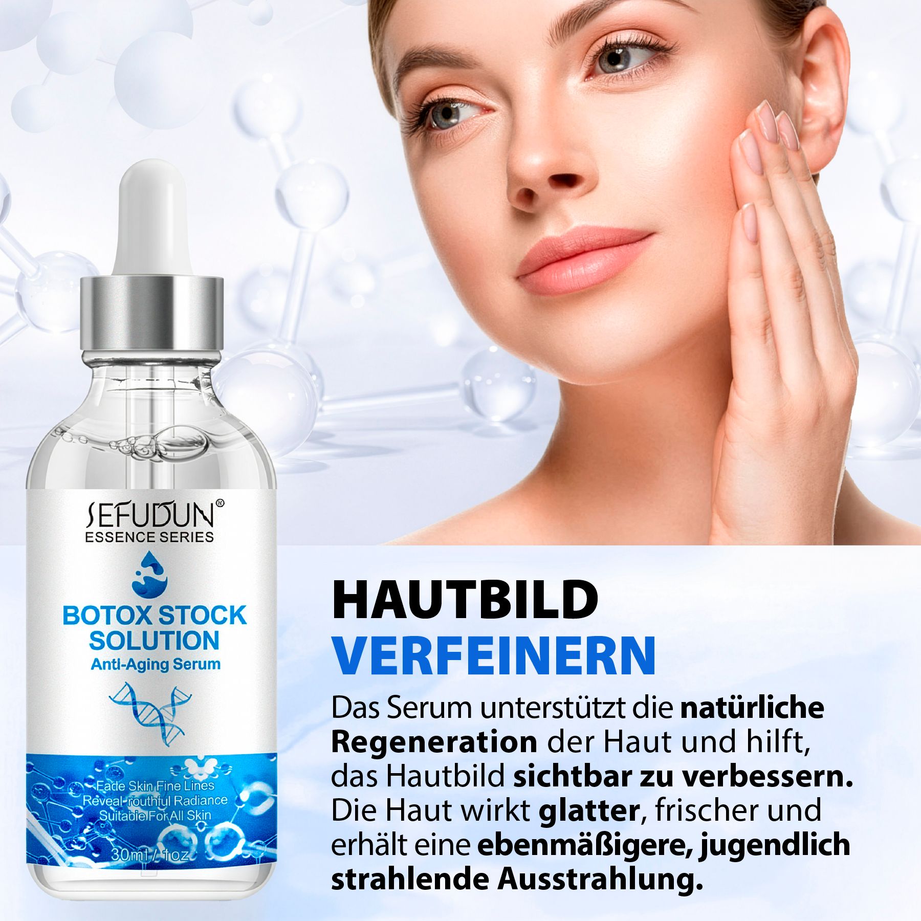 Flasche mit Anti-Aging Serum und Frauengesicht.