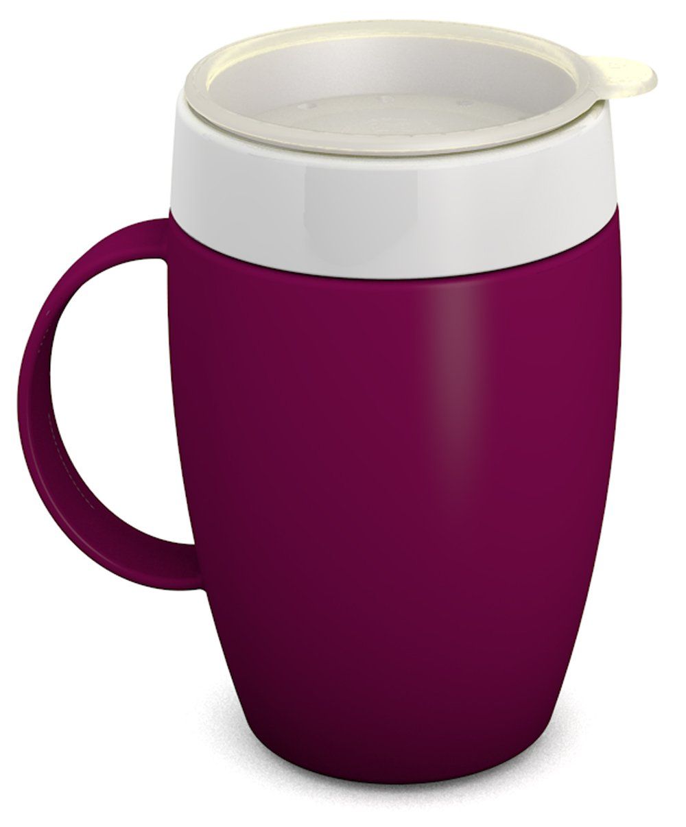 Lila Becher mit weißem Rand und Deckel. Kleiner Henkel. Deckel mit kleiner Öffnung.