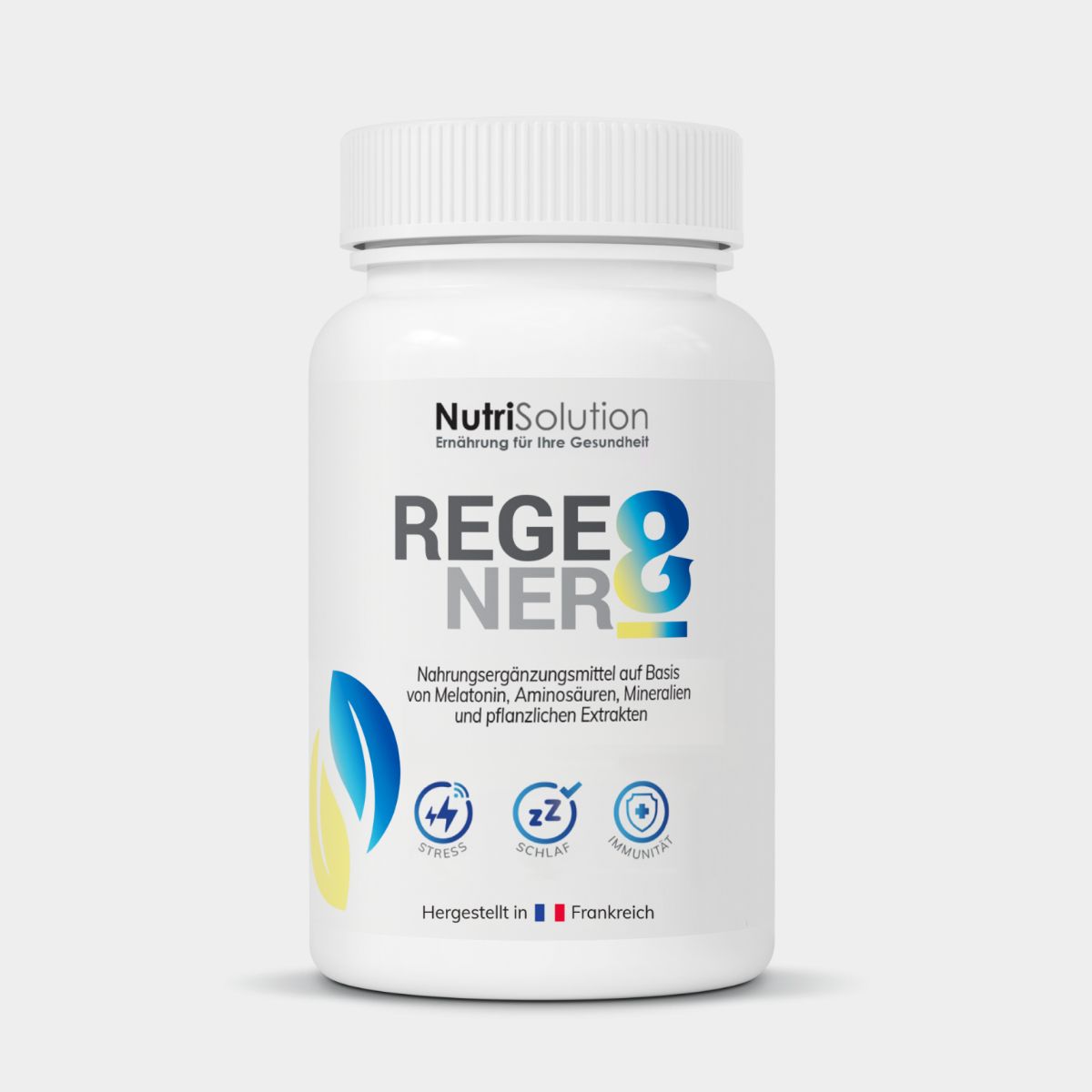 NutriSolution Regener-8 Kapselbehälter mit Schlaf-, Stress- und Immunsymbolen. Hergestellt in Frankreich.