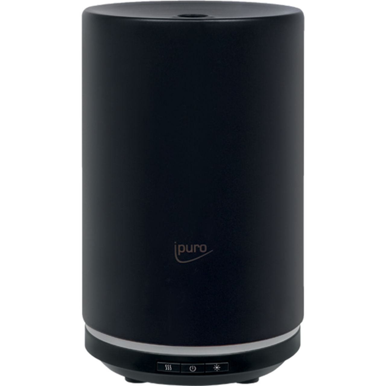 Schwarzer, zylindrischer Aroma Diffusor. Unterhalb des Logos 'ipuro' befinden sich Bedienelemente. Oberseite mit Öffnung.
