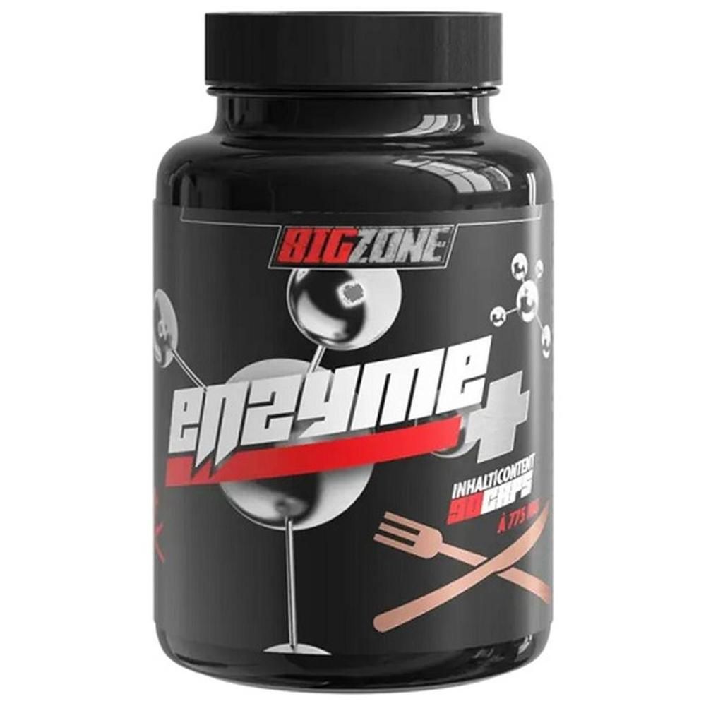 Schwarze Flasche mit roter und weißer Aufschrift. "Big Zone Enzyme+" ist aufgedruckt. Enthält 775 mg.