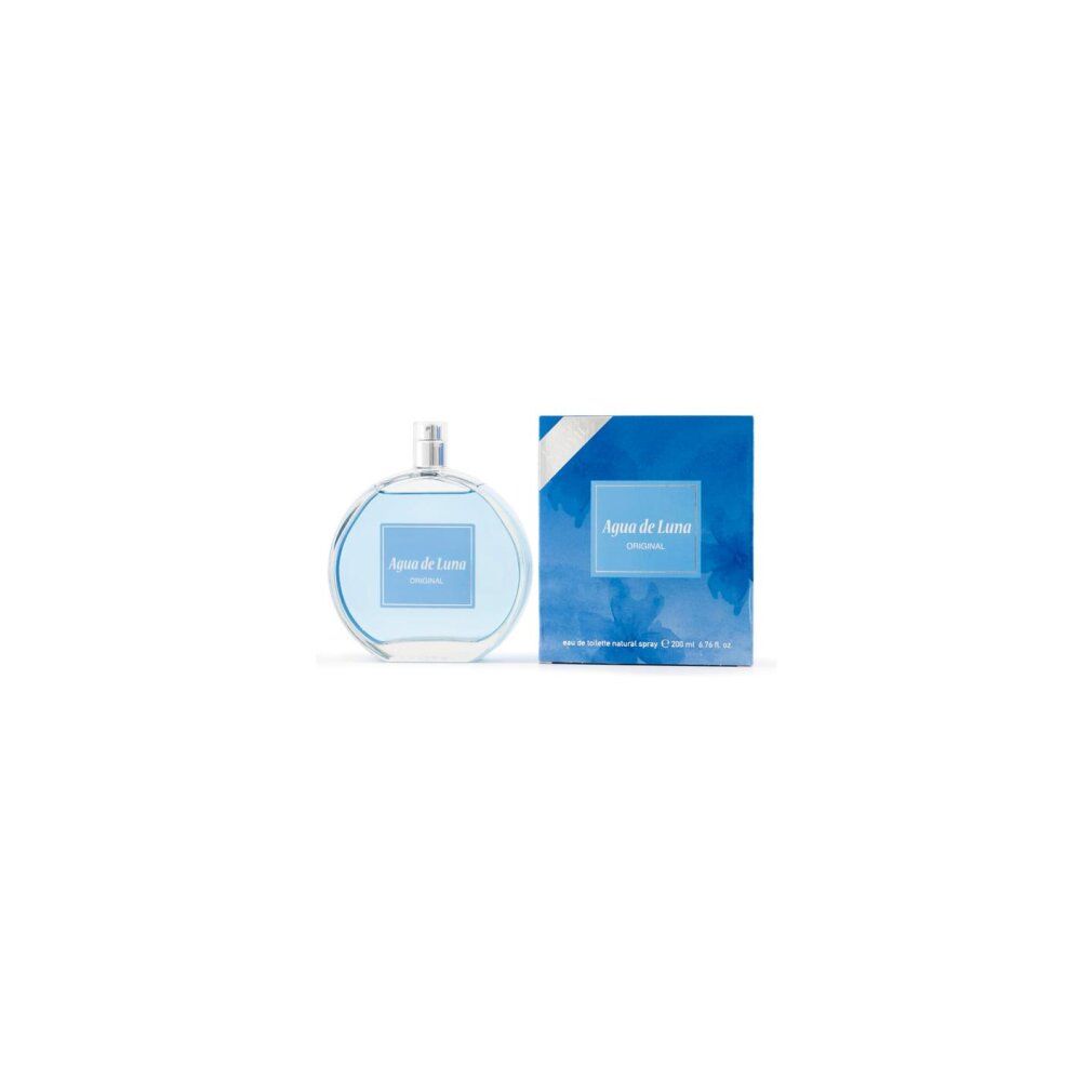 Flakon und Verpackung. Flakon rund, hellblau. Verpackung blau mit "Agua de Luna".