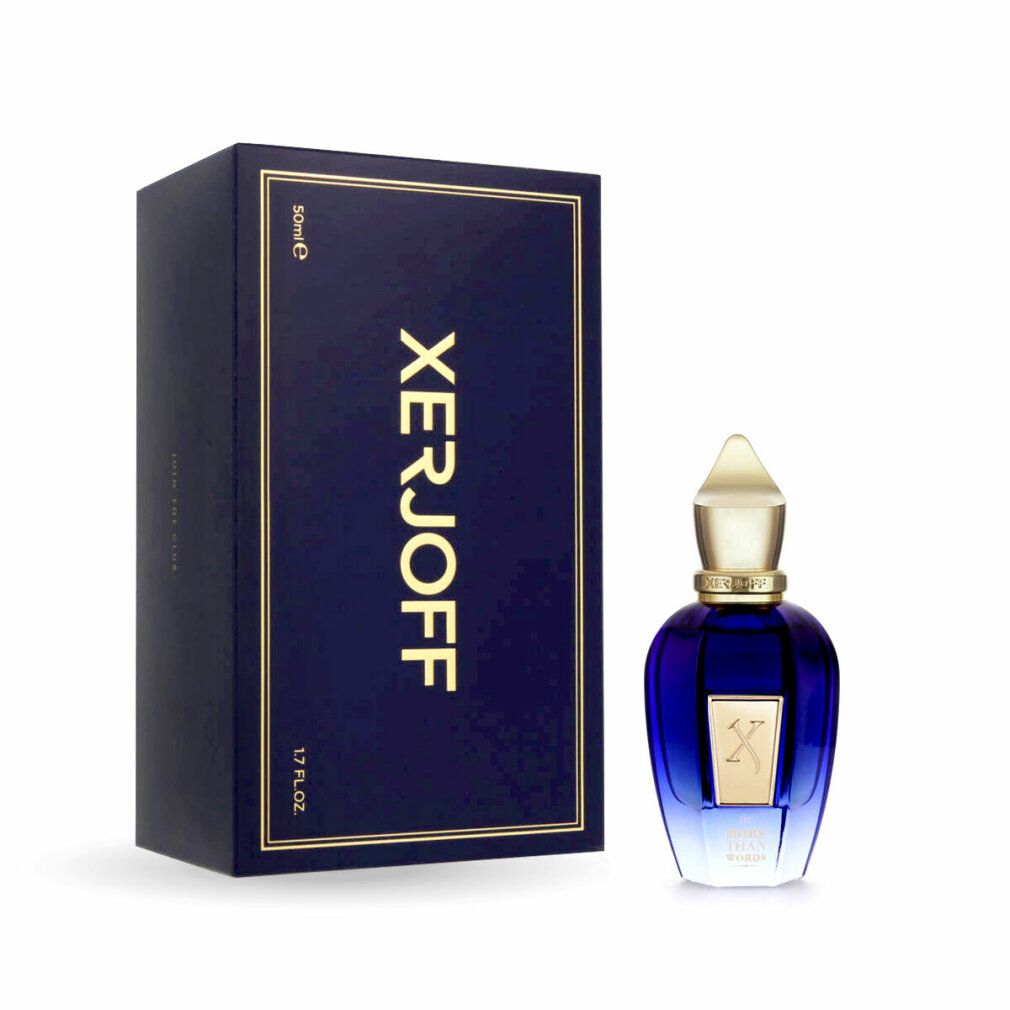 Dunkelblaue Schachtel und Flakon. Goldfarbener Schriftzug XERJOFF. Flakon mit goldfarbenem Verschluss. Aufschrift: 1.7 FL.OZ. und 50ml.