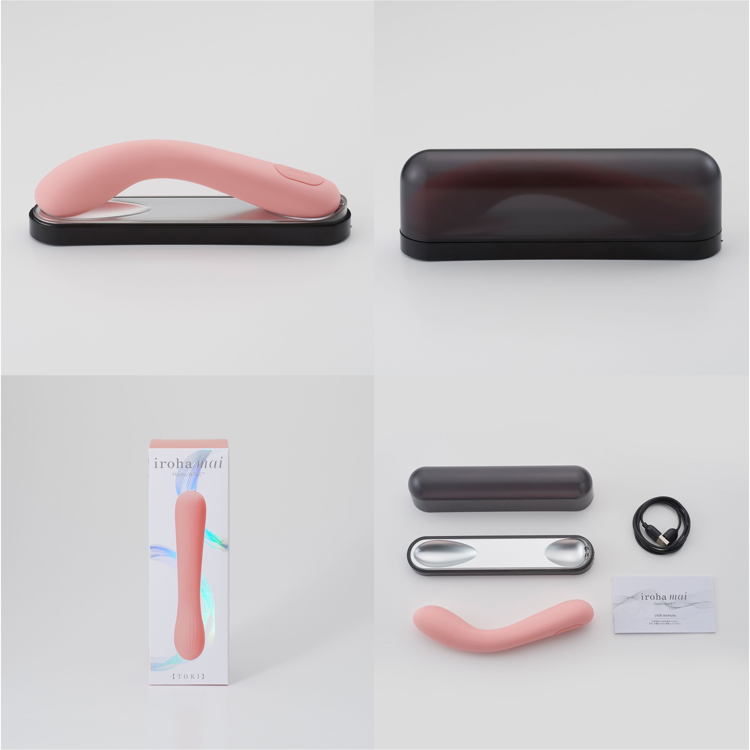 Vibrator, Hülle, Basis, Zubehör. Produktname: iroha mai. Verpackung und Einzelteile.