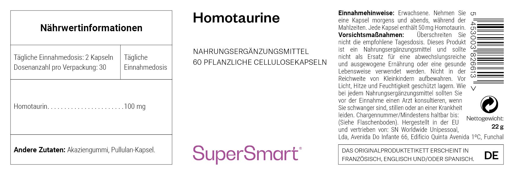 Etikett mit Informationen zu Homotaurin. Enthält 60 pflanzliche Zellulosekapseln. SuperSmart-Logo. Text in Deutsch, Englisch und Spanisch.