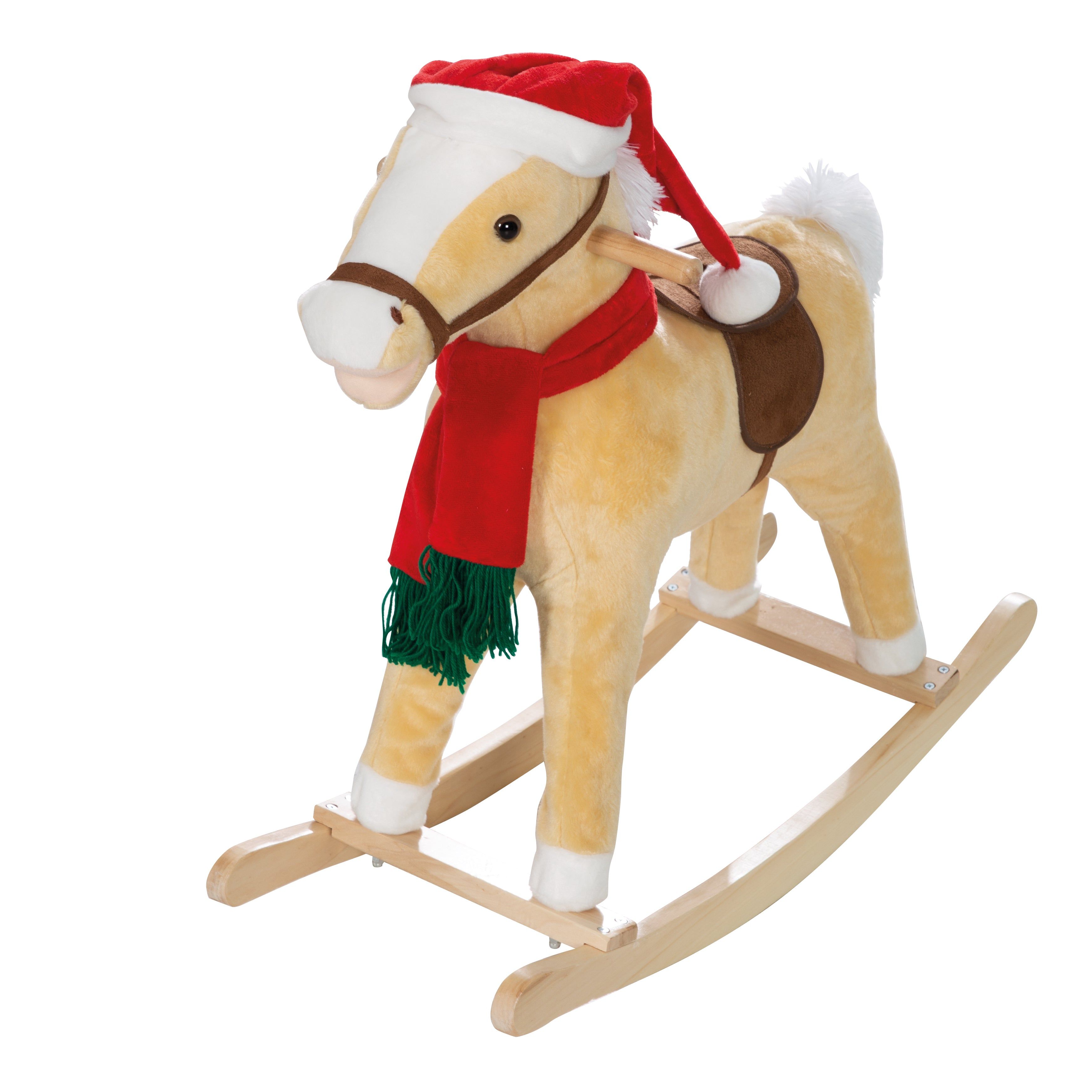 Schaukelpferd mit roter Weihnachtsmütze und Schal. Beige Plüschpferd mit braunem Sattel, auf Holzgestell. Ohren mit roten Details.