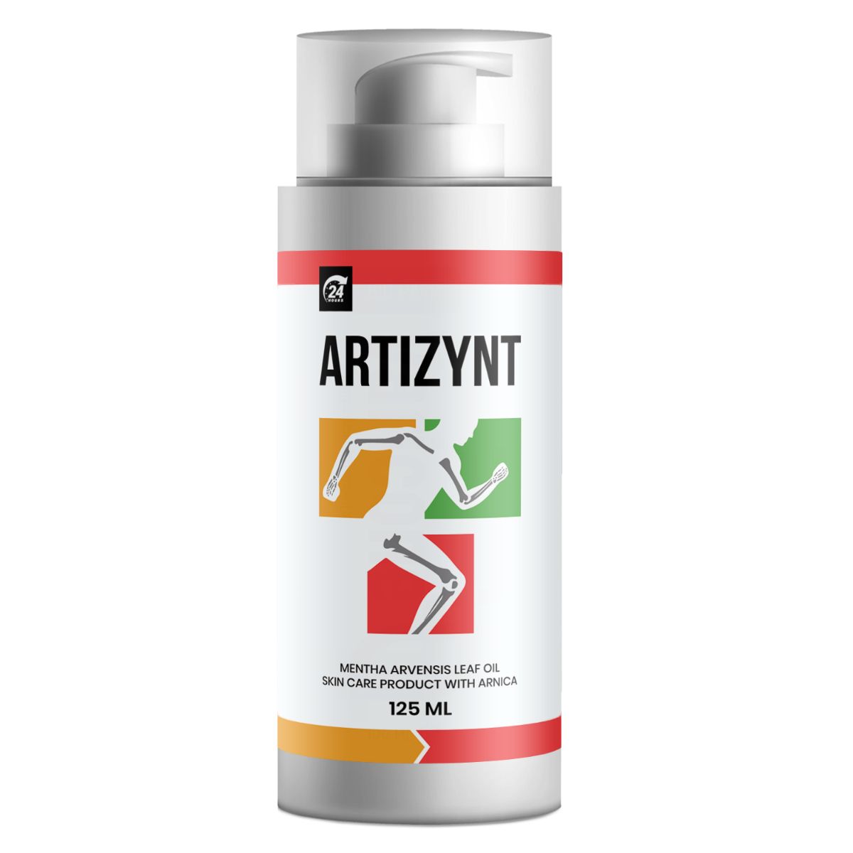 Weißer Pump-Spender mit rotem und gelbem Streifen. Aufschrift: Artizynt. Illustration eines Läufers. Text: Mentha Arvensis Leaf Oil, Skin Care Product with Arnica, 125 ml.