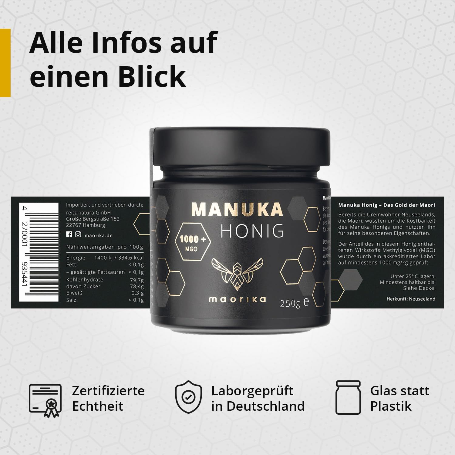 Maorika Manuka Honig 1000+ MGO Glas mit Nährwertangaben und Siegeln.