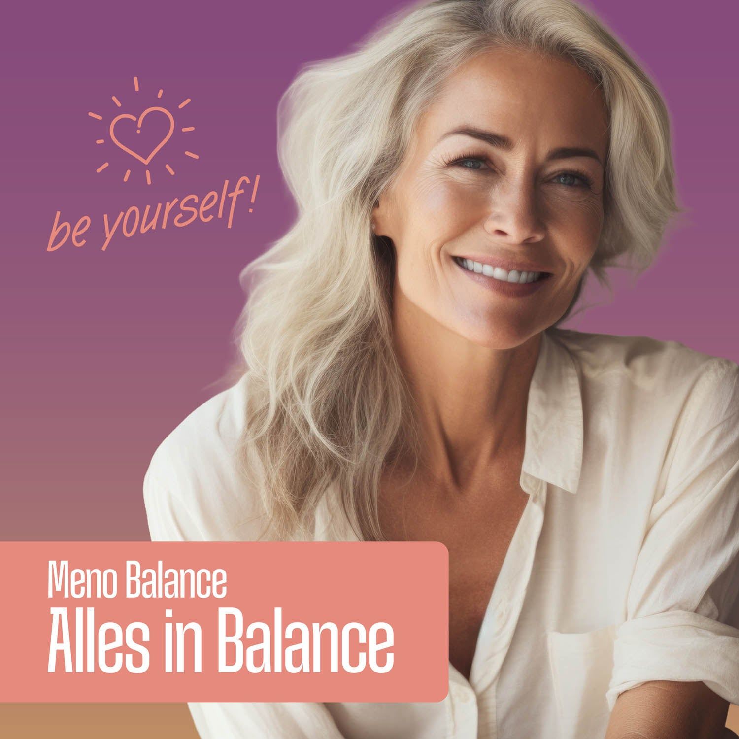 Frau lächelt. Text: Meno Balance, Alles in Balance. Lila Hintergrund.