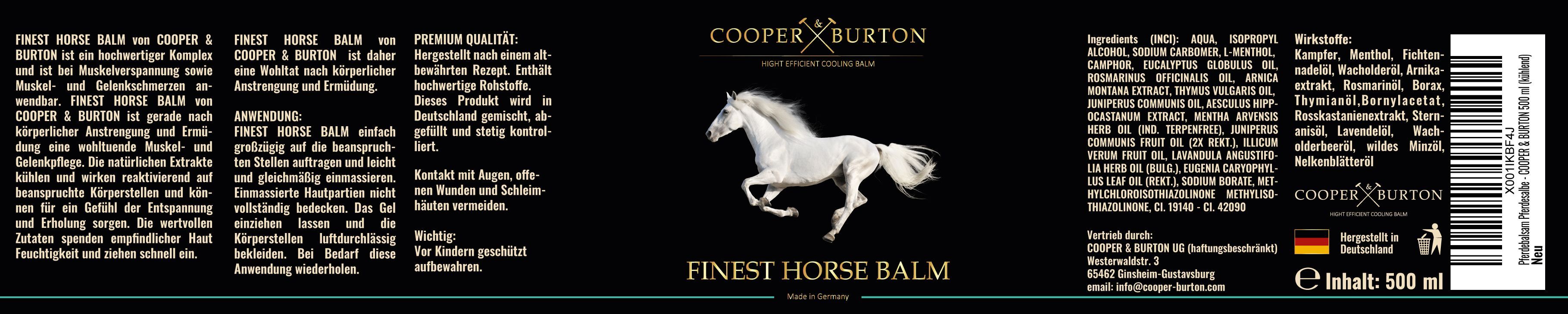 Produktetikett mit Text und Logo. Aufschrift: COOPER & BURTON, Finest Horse Balm. Mit Inhaltsangaben und Herstellerinformationen.