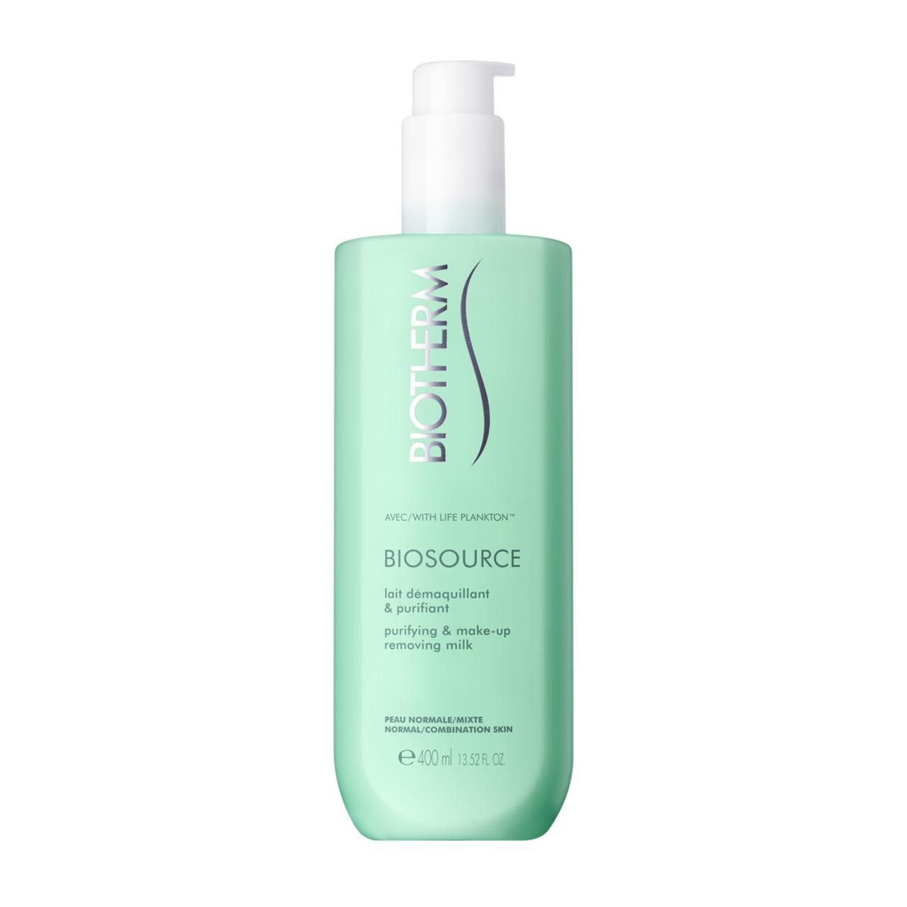 Grüne Flasche mit Dosierpumpe. Aufschrift: BIOTHERM BIOSOURCE, Reinigungsmilch. Für normale Haut. 400ml.