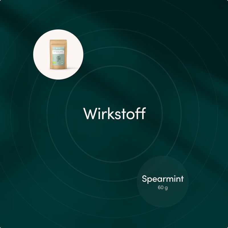 Grafik mit Produktabbildung und Text 'Wirkstoff Spearmint 60 g'.