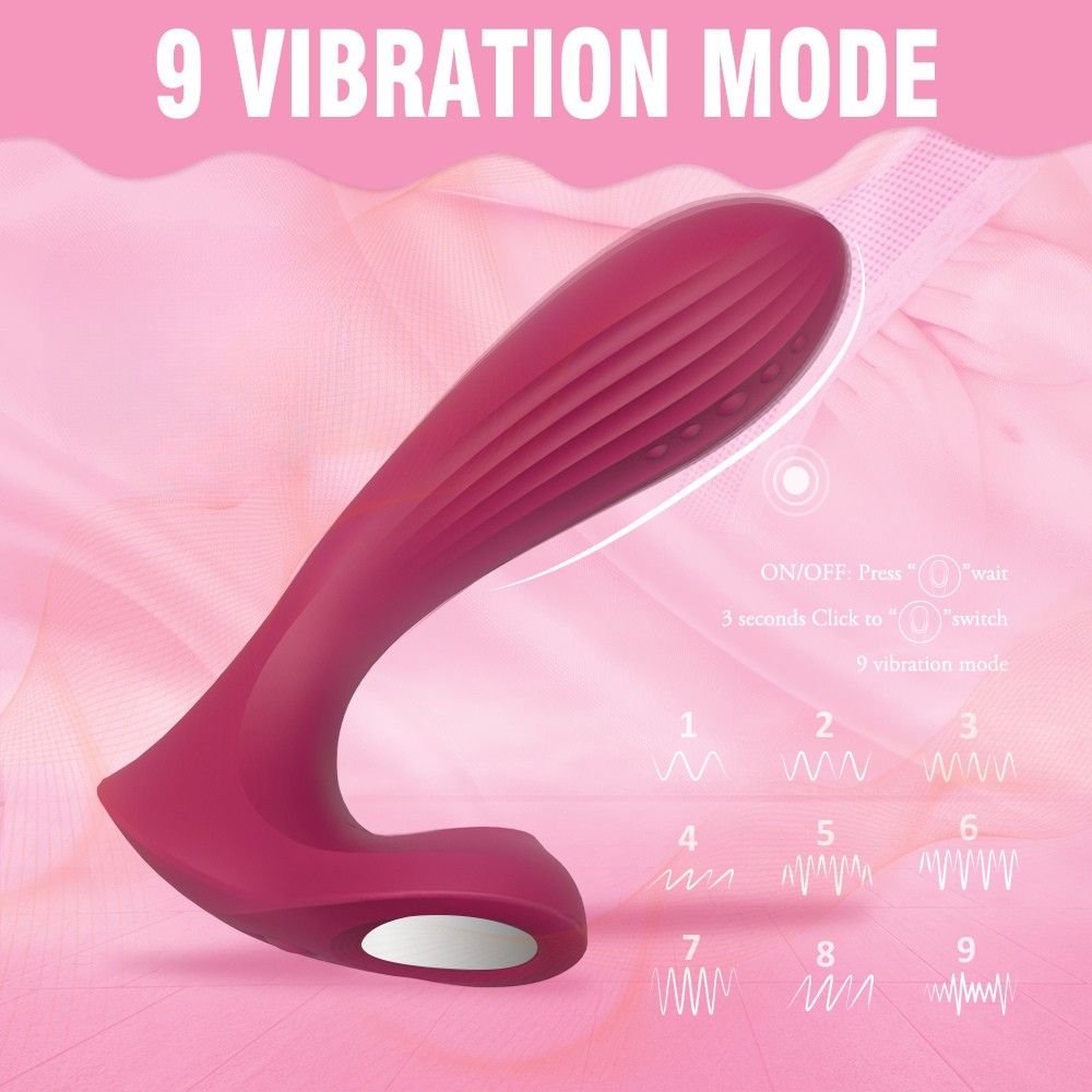 Weinroter Vibrator mit 9 Vibrationsmodi. Gebogene Form, Oberfläche mit Rillen. Bedienfeld mit Symbolen.