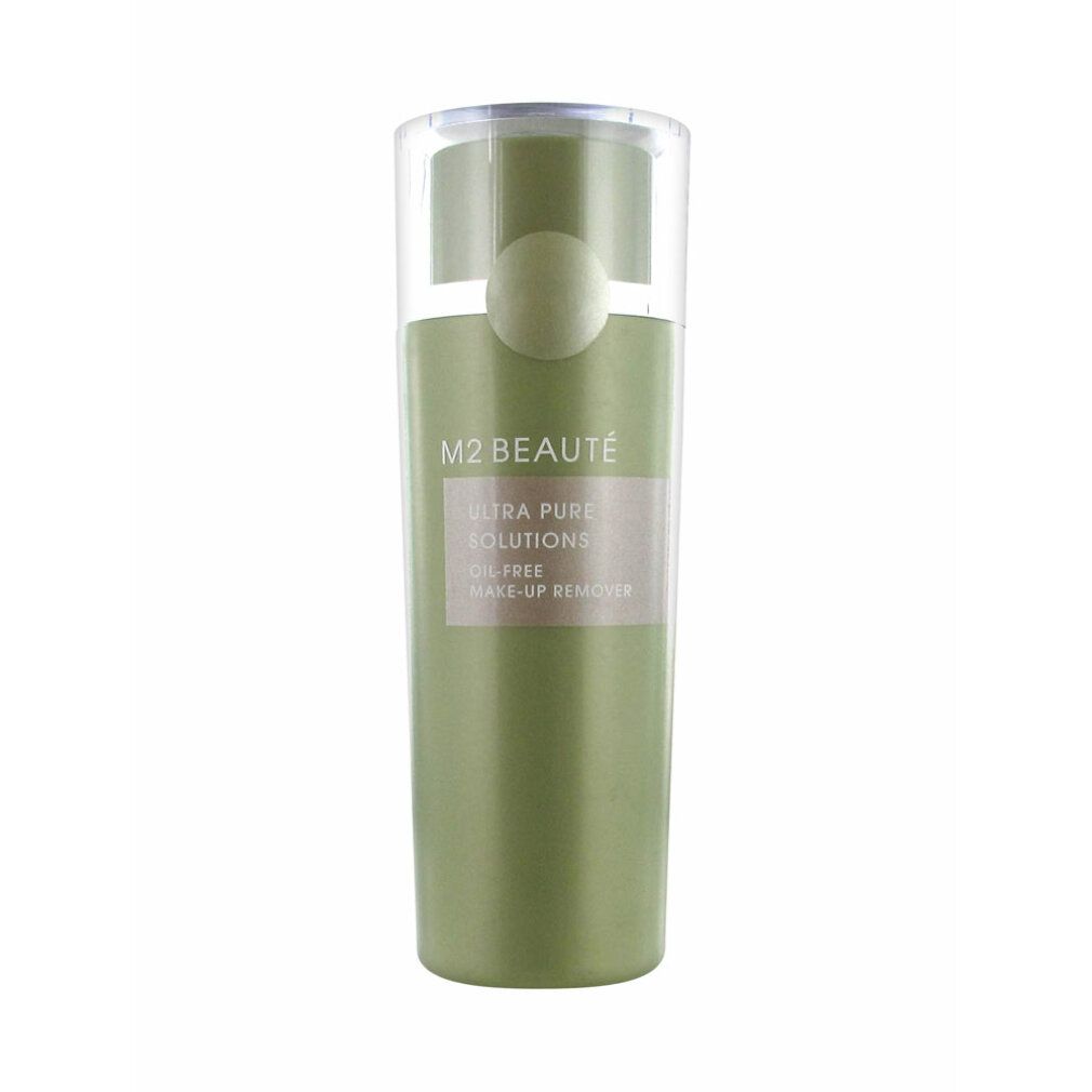 Grüne, zylindrische Flasche mit transparentem Deckel. Etikett mit M2 Beauté, Ultra Pure Solutions, Oil-Free Make-Up Remover.
