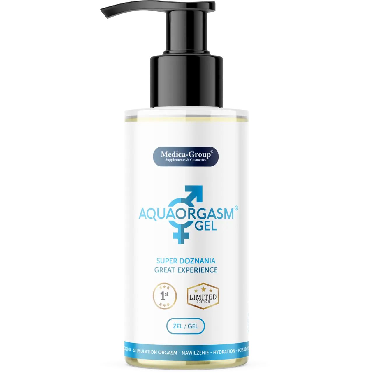 Gel-Flasche mit schwarzem Pumpkopf. Aufschrift AquaOrgasm Gel, Medica-Group. Text: Super Doznania Great Experience. Limited Edition.