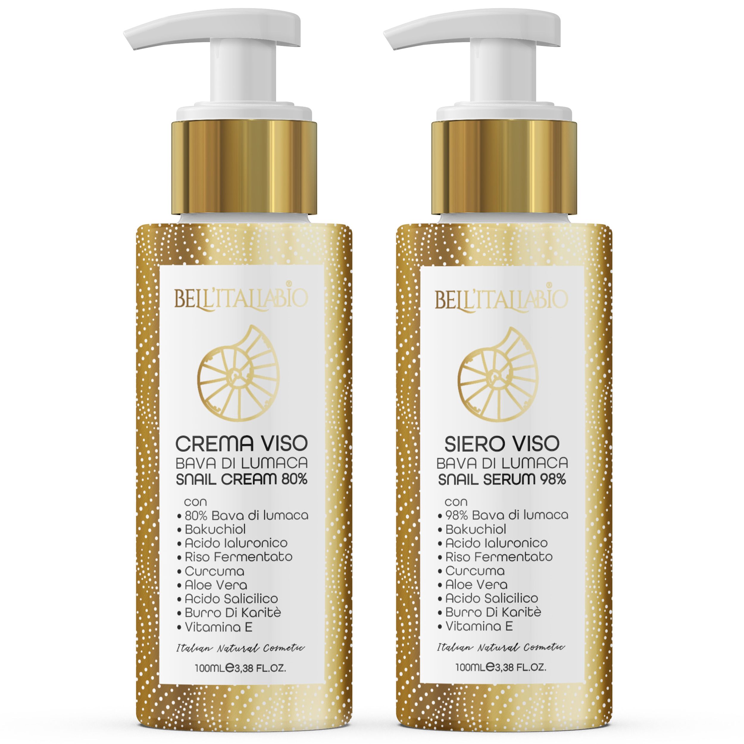 Zwei Flaschen BellItaliabio Schneckenschleim-Serum und -Creme. Goldfarbene Pumpflaschen mit weißem Pumpkopf. Beschriftung mit Produktnamen und Inhaltsstoffen.