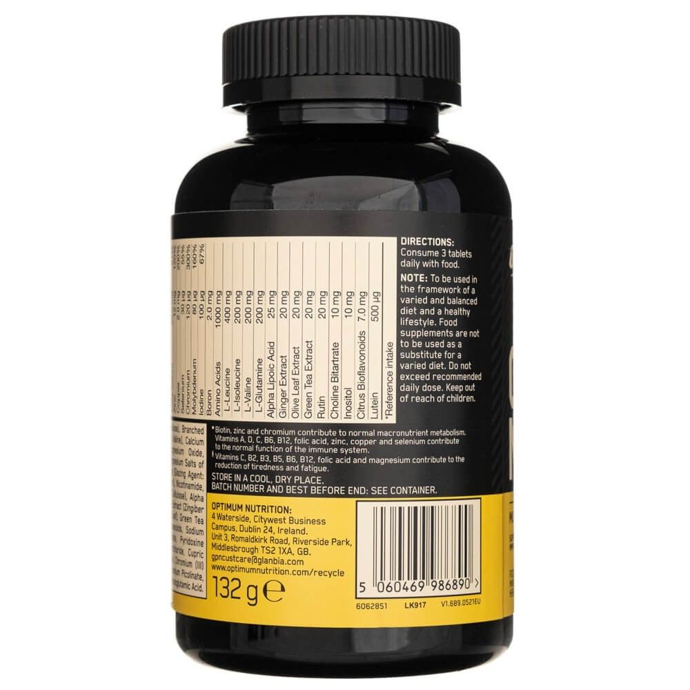 Rückseite einer Optimum Nutrition Opti-Men Multivitamin-Flasche mit Barcode und Anweisungen.