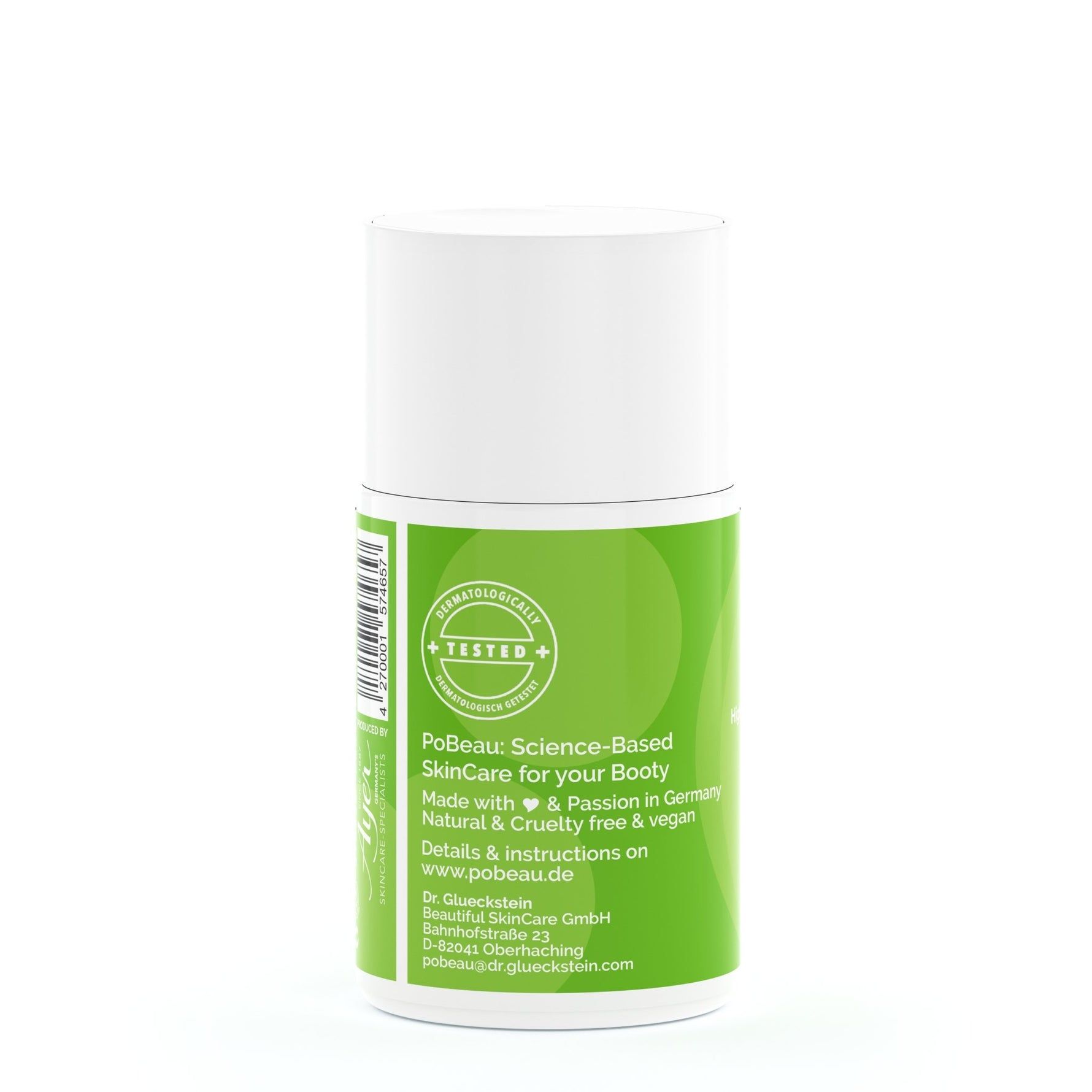 Weißer Zylinder mit grünem Etikett. Aufschrift: Pobeau, Science-Based SkinCare, Made in Germany, Tested+.