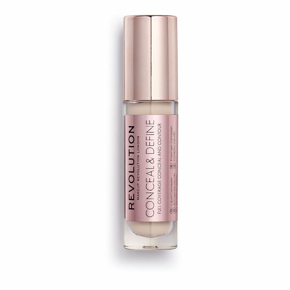 Flüssiger Concealer. Rosa-farbene Aufschrift: REVOLUTION CONCEAL & DEFINE. Voll deckend. Farbton C4. Rosegoldfarbener Deckel.