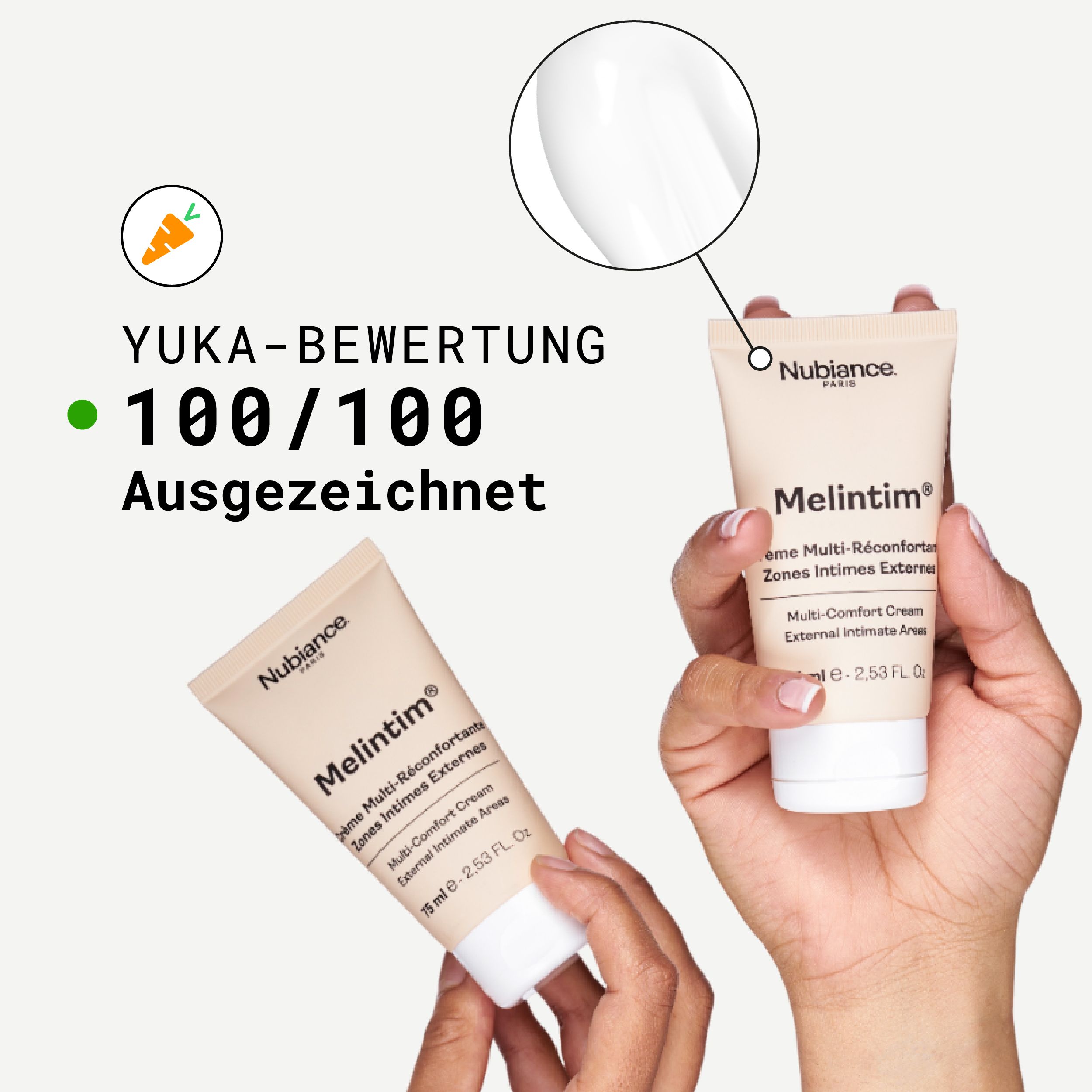 Zwei Produkt-Tuben in Händen. Yuka-Bewertung: 100/100. Produktname: Melintim.