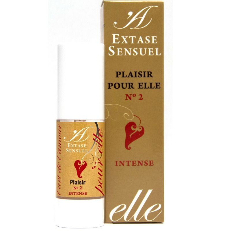 Flakon und Verpackung. Aufschrift: Extase Sensuel, Plaisir pour Elle, N° 2, Intense. Goldfarbene Verpackung mit rotem Herz.
