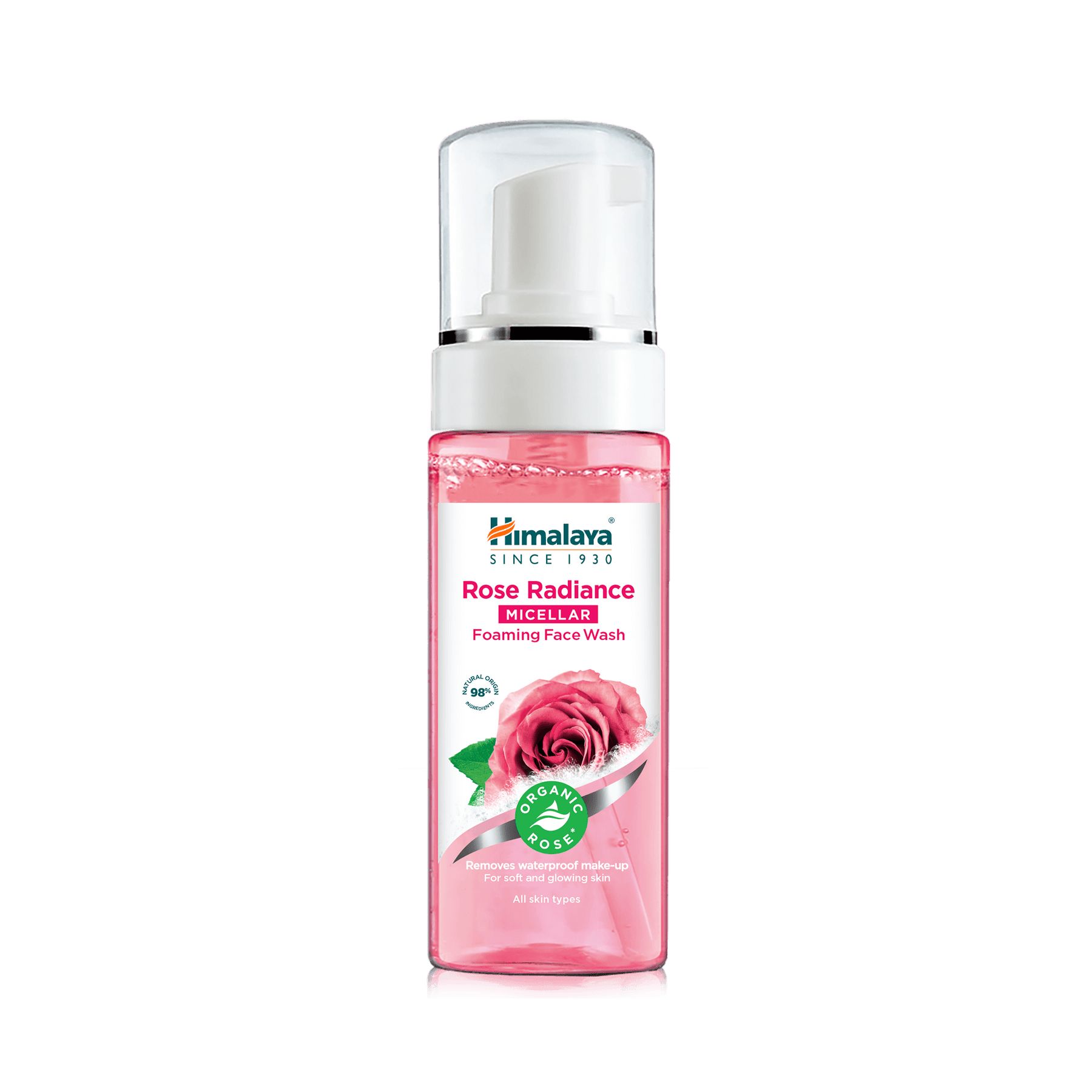 Rosa-Gesichtsreinigung in einer transparenten Flasche mit Pumpverschluss. Aufschrift: Rose Radiance, Micellar, Foaming Face Wash. Abbildung einer Rose.