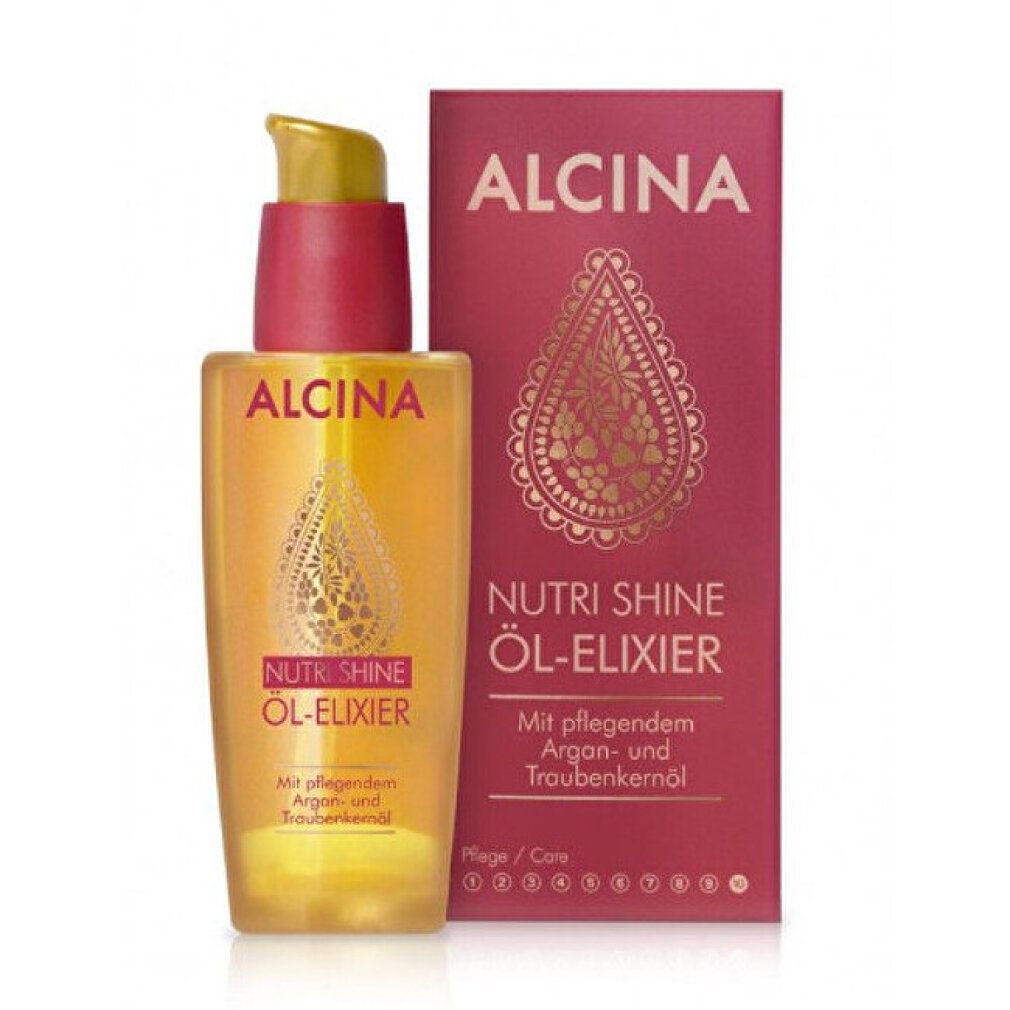 Gelbliche Flasche mit Pumpe und Verpackung. Aufschrift: ALCINA, NUTRI SHINE ÖL-ELIXIER. Enthält Argan- und Traubenkernöl.