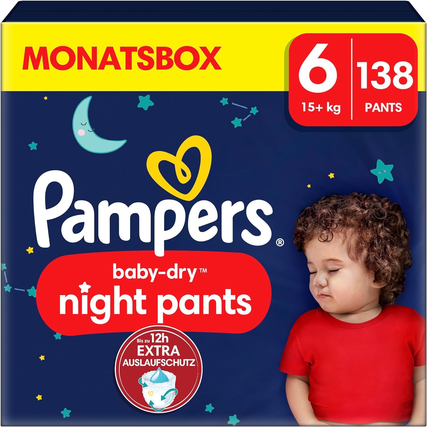 Pampers Baby-Dry Night Pants, Größe 6, Monatsbox. Packung mit 138 Pants. Kind mit rotem Shirt.