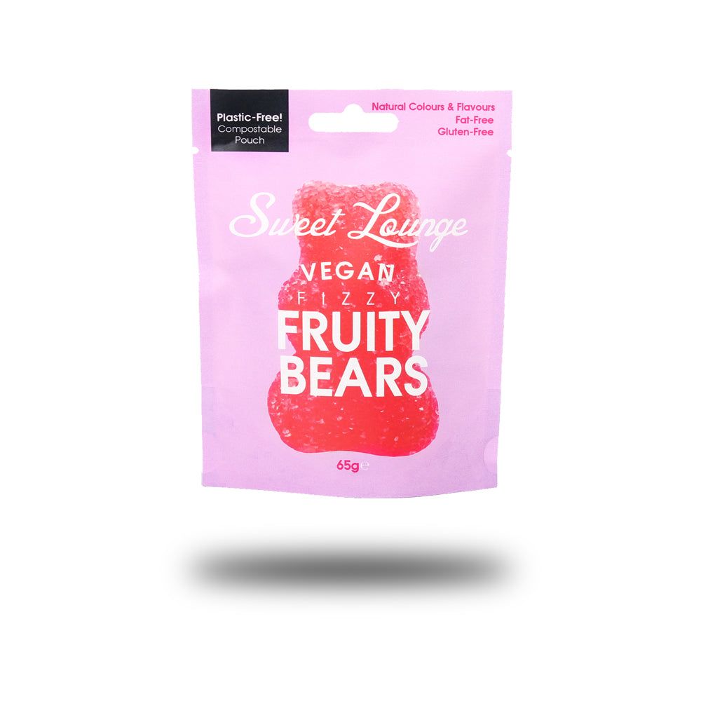 Rosa Verpackung mit "Sweet Lounge Fizzy Fruity Bears". Text: Vegan, glutenfrei, 65g. Oben: "Plastic-Free Compostable Pouch".