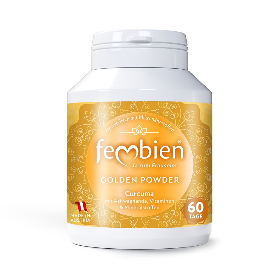 Weiße Flasche mit Fembien Golden Powder-Etikett. Aufschrift: Curcuma, Ashwagandha, Vitamine, Mineralstoffe. 60 Tage.