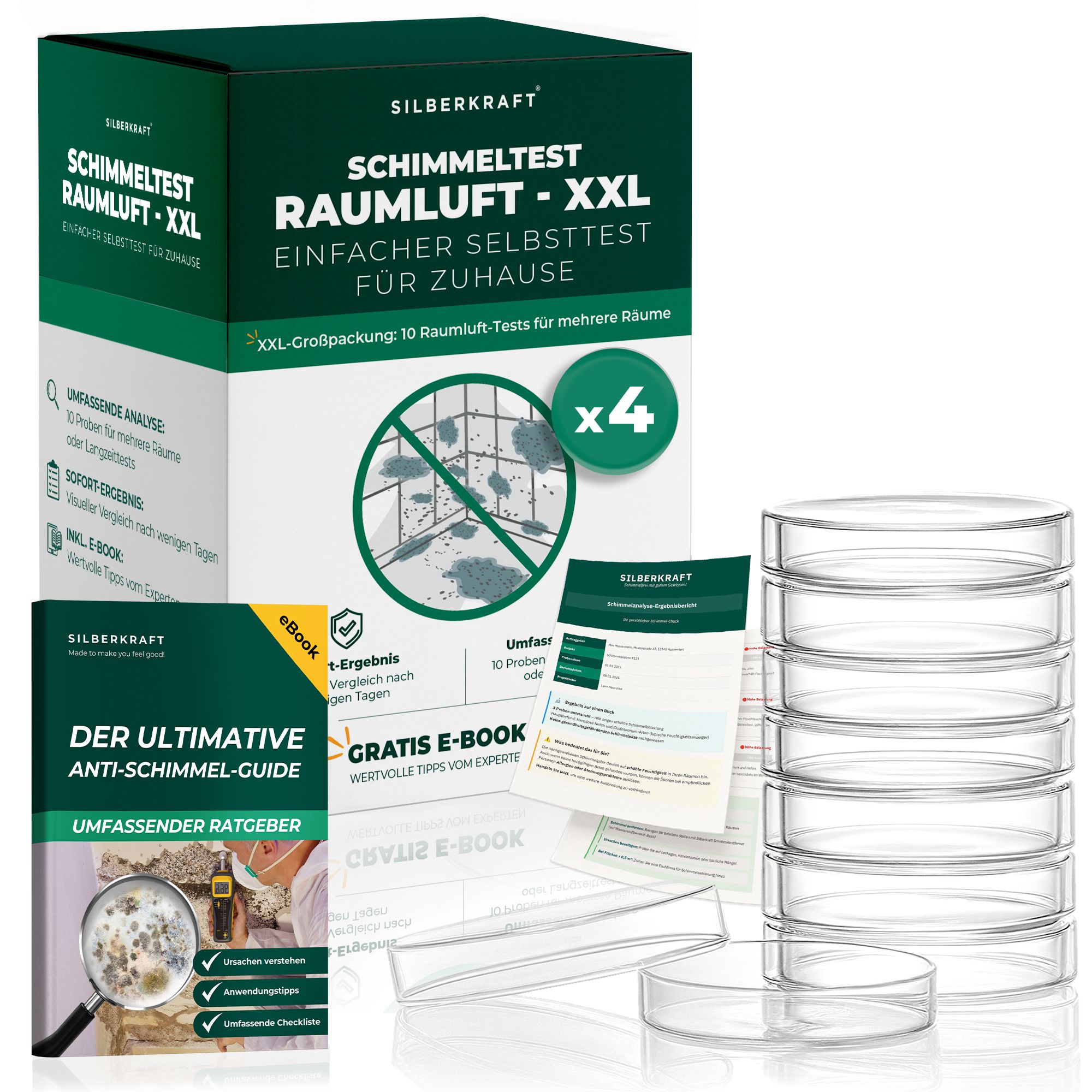 Produktverpackung Silberkraft Schimmeltest Raumluft XXL. Enthält Testkits, eBook und Petrischalen. Grüne Verpackung.