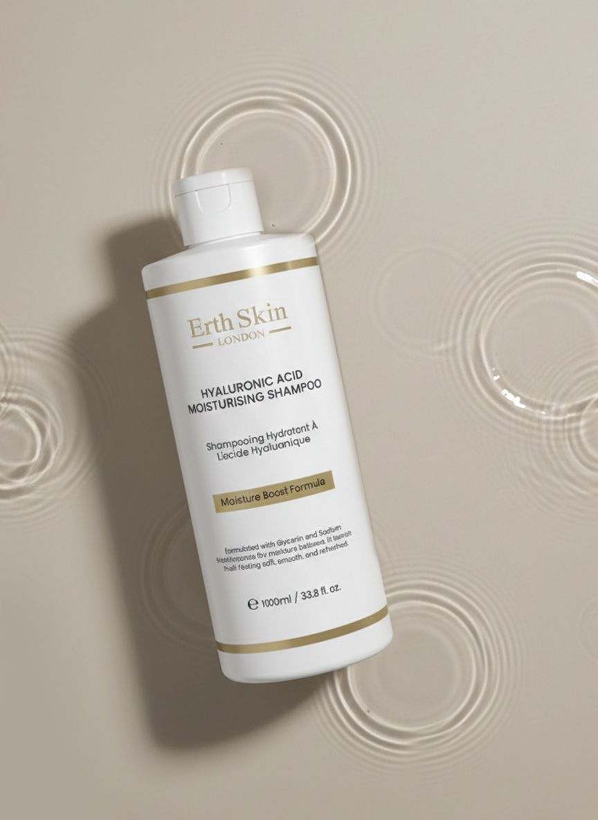 Weißes Shampoo mit goldfarbenen Akzenten. Aufschrift: Erth Skin London, Hyaluronsäure Feuchtigkeits-Shampoo. Liegt auf einer Oberfläche mit Wasserringen.