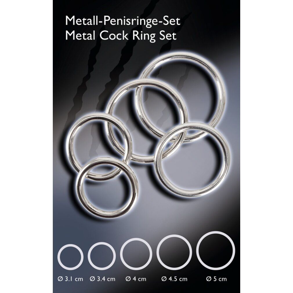 Fünf silberne Metallringe mit Größenangaben von 3.1 cm bis 5 cm.