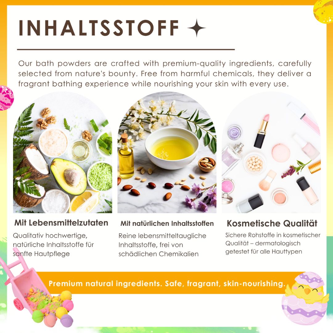Grafik mit Inhaltsstoffen. Kokosnuss, Avocado, Matcha, Öle, Kosmetische Qualität, Premium-Inhaltsstoffe.