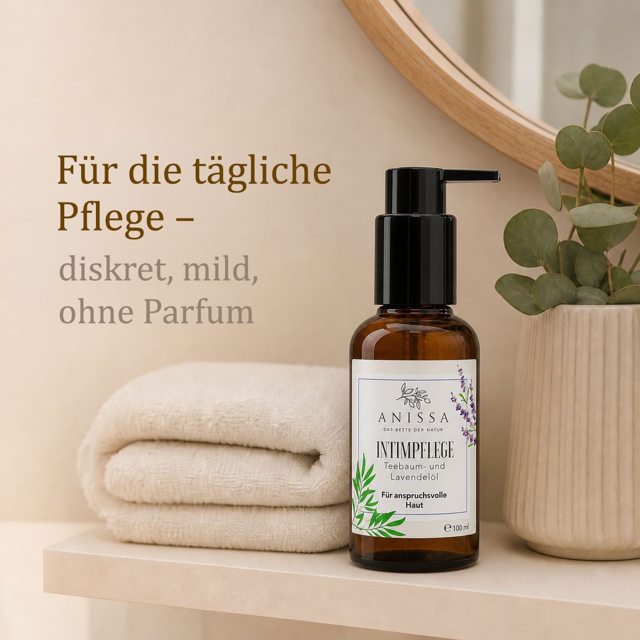 ANISSA Intimpflege Flasche neben gefaltetem Handtuch und Pflanze.