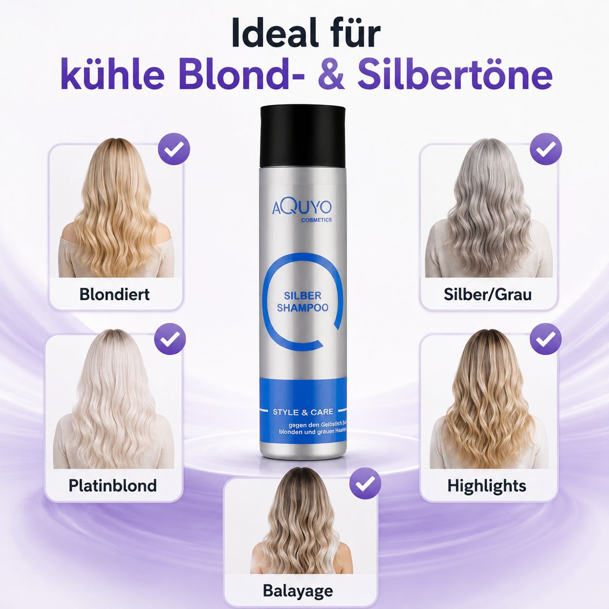 Produktabbildung: Aquyo Silbershampoo. Ideal für kühle Blond- & Silbertöne. Haarmuster-Beispiele: blondiert, silber/grau, etc.