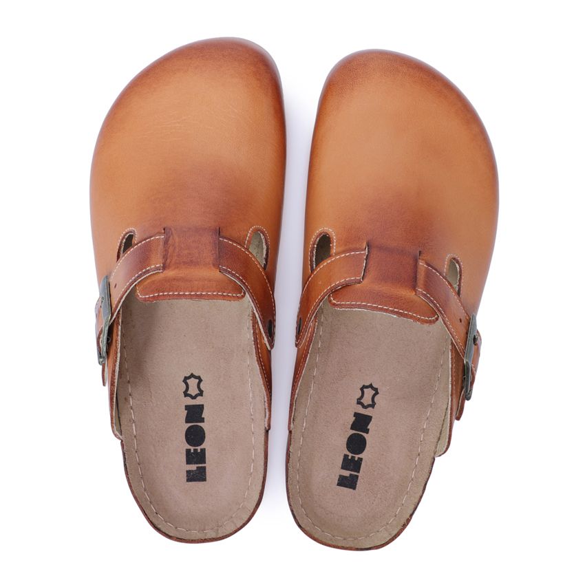 Zwei braune Leder-Pantoletten. Marke LEON ist sichtbar. Draufsicht.