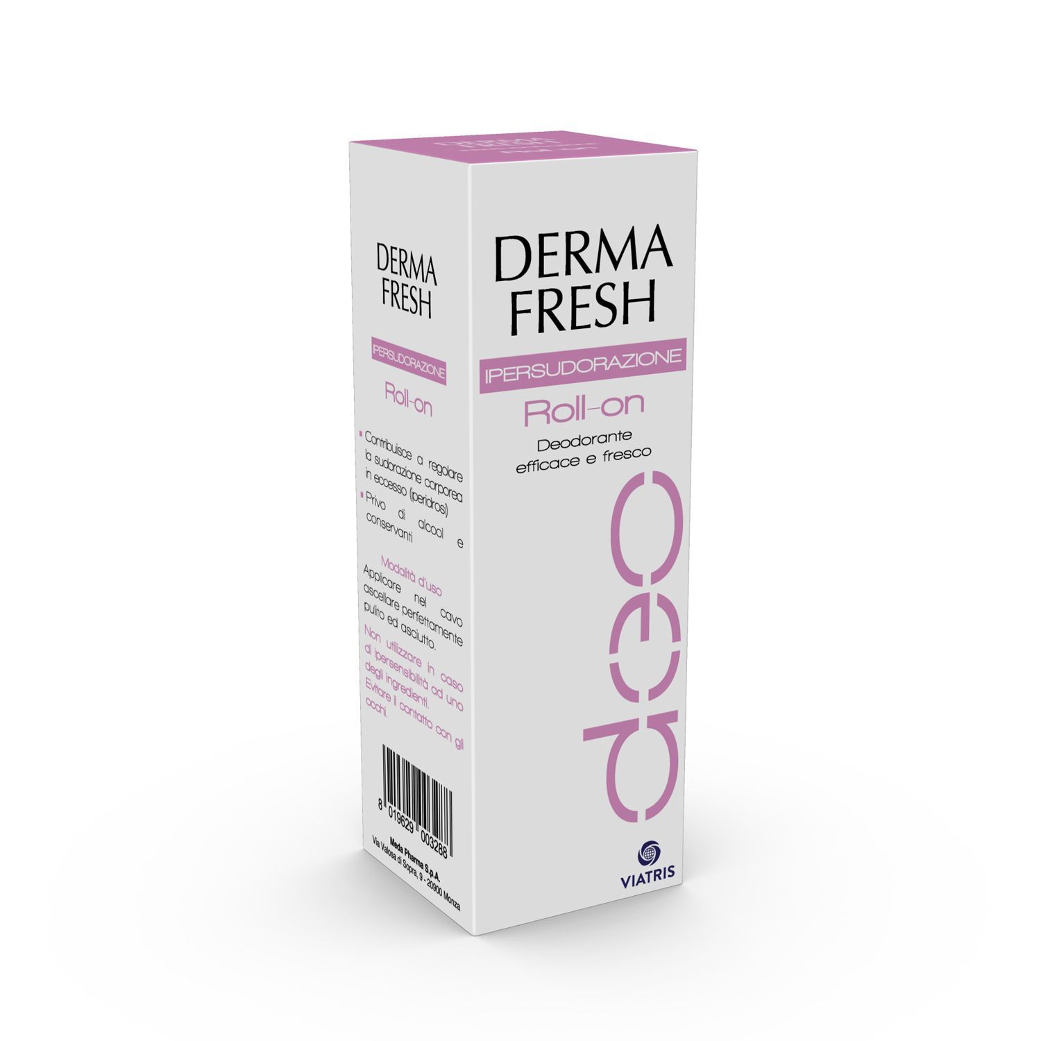 Verpackung von DERMA FRESH Roll-on. Weiß mit rosa Akzenten. Text: Roll-on, Deo, Persudazione. Inhaltsstoffe.