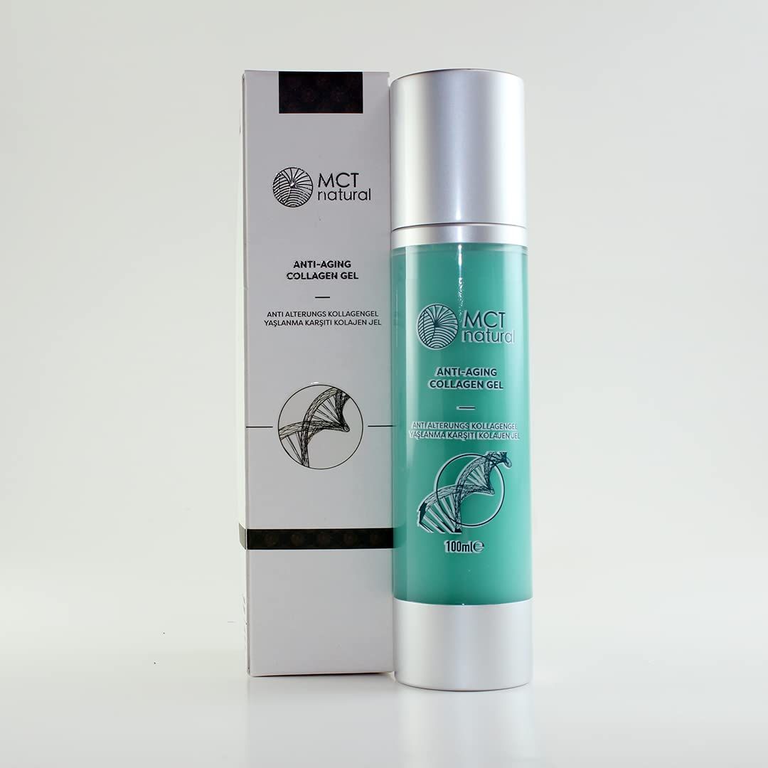 MCT natural® Anti-Aging Kollagengel. Flasche und Verpackung. Türkisgrün, silberner Deckel. Aufschrift: Anti-Aging Collagen Gel.