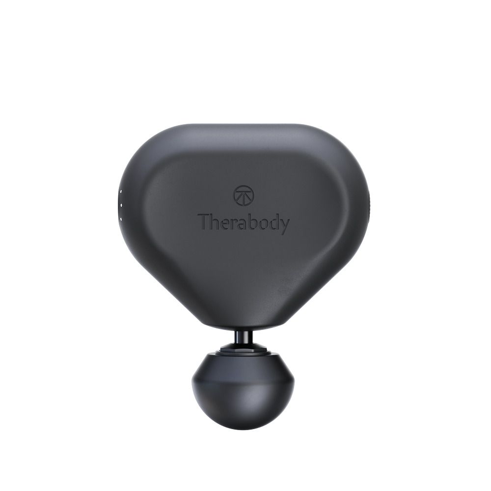 Schwarzes Therabody Vibrationsmassagegerät. Ovale Form mit rundem Kopf. Therabody-Logo. Schwarzer Griff.