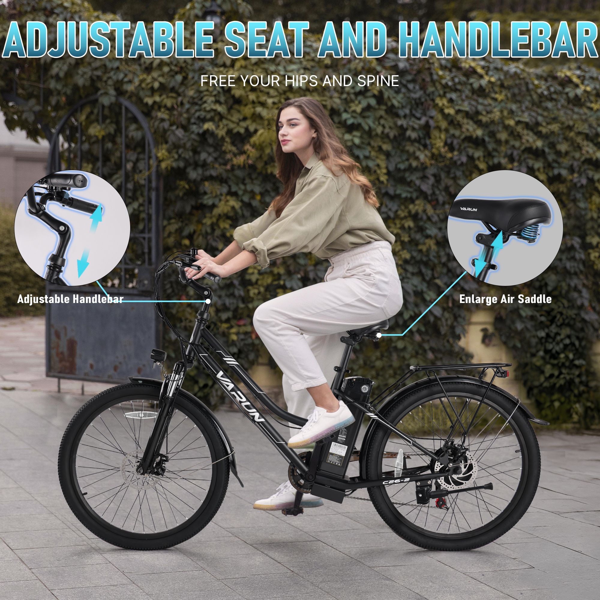 Schwarzes E-Bike VARUN C26-2. Frau fährt auf dem Rad. Verstellbarer Lenker und Sattel. Schwarze Reifen und Schutzbleche.