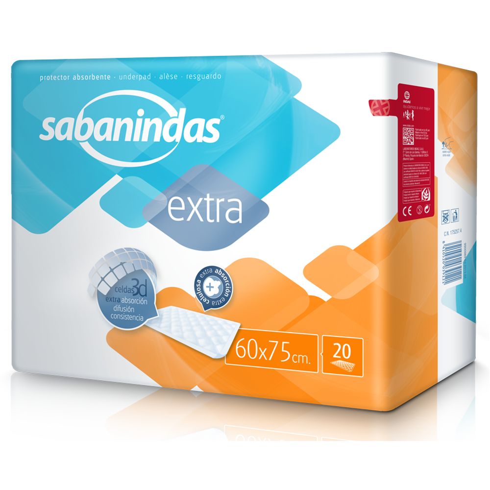 Verpackung von Sabanindas Extra Bettschutzeinlage. Blaue und orangefarbene Elemente. Aufschrift "extra", "60x75cm", und "20".