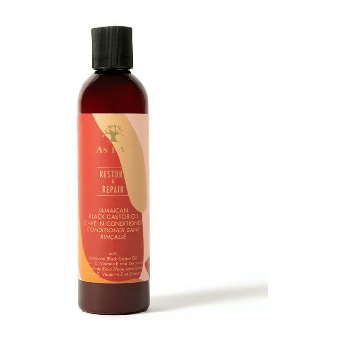 Braune Flasche mit schwarzem Deckel. Aufschrift: AS I AM, RESTORE & REPAIR, Jamaican Black Castor Oil Leave-In Conditioner.