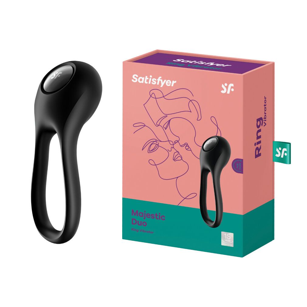 Produkt und Verpackung. Schwarzer Duo-Ring-Vibrator neben rosa-weißer Box mit Produktabbildung und Schriftzug 'Satisfyer'.