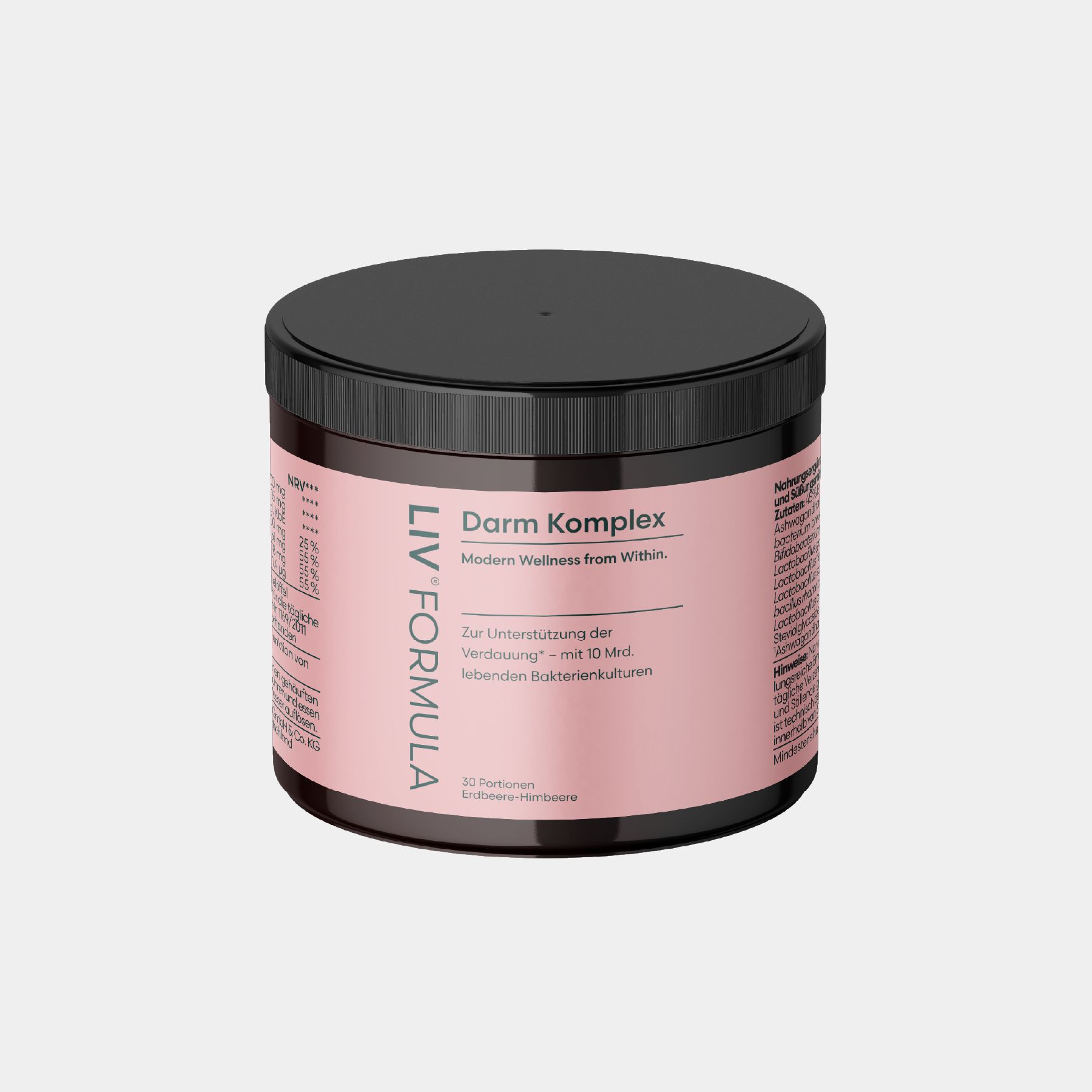 Schwarzer Behälter mit rosa Etikett für Darm Komplex von LIV Formula.