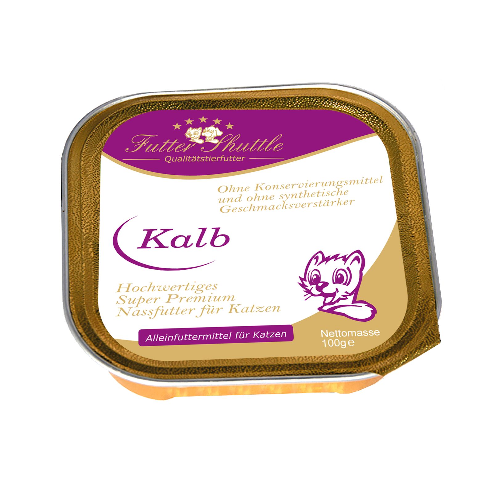 Katzenfutter-Schale mit Aufschrift "Kalb". Goldfarbener Rand, lila und weißes Etikett. Logo "Futter Shuttle".