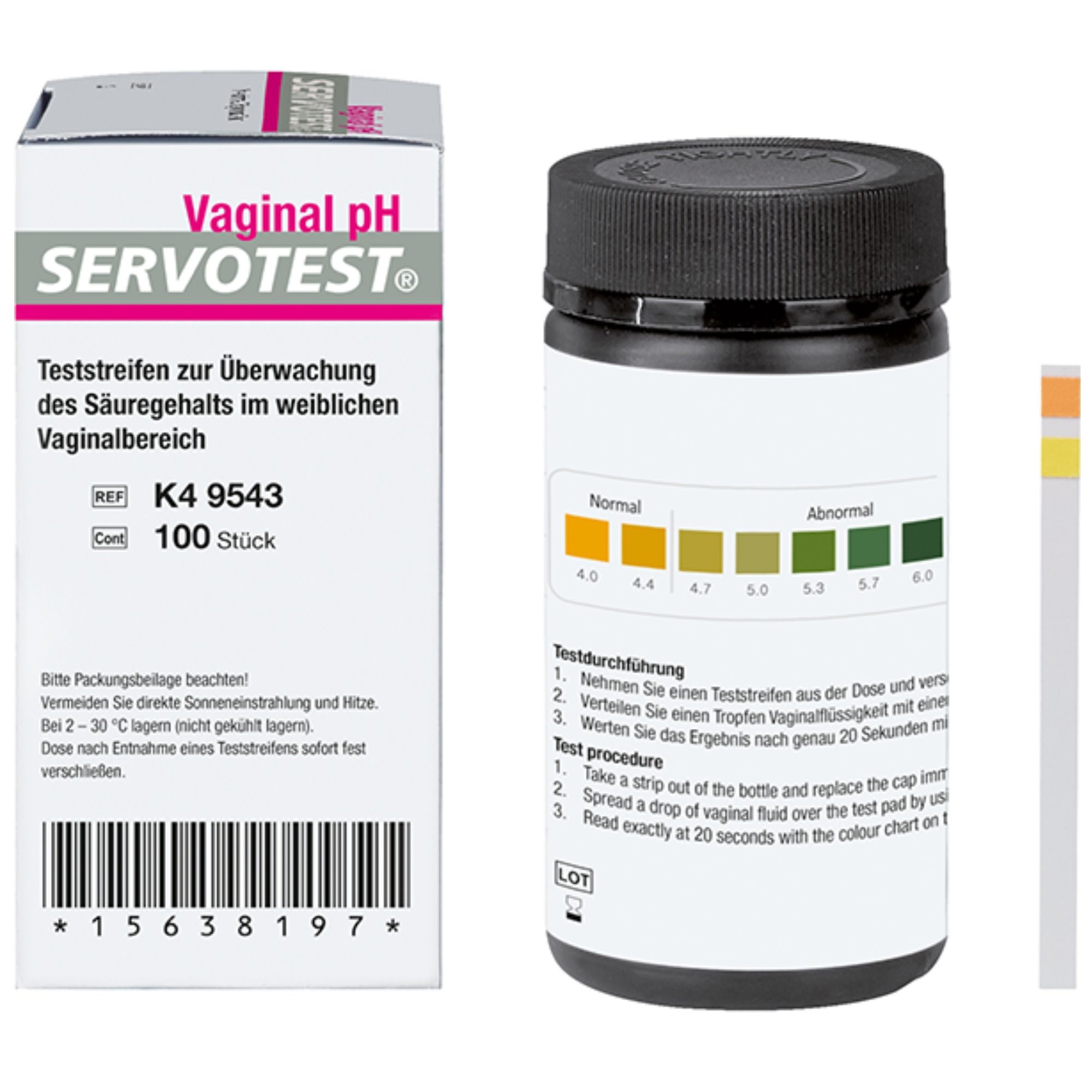 Packung und Flasche mit Teststreifen. Aufschrift: Vaginal pH Servotest. Enthält 100 Stück. Farbskala und Gebrauchsanweisung.